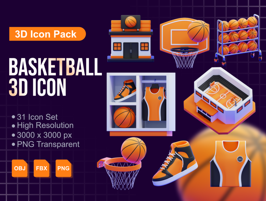 Basketball 3D Icons Pack – Premium Sports UI Assets