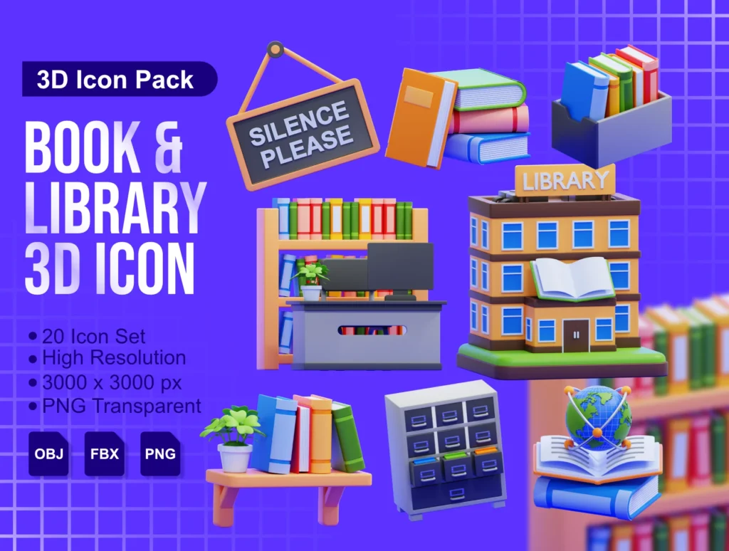 Book & Library 3D Icons Pack – Premium Education Assets