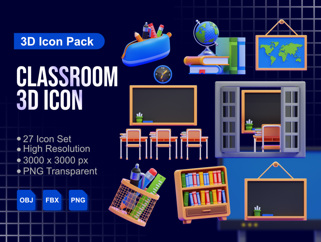 Classroom 3D Icons Pack – Premium Education Assets