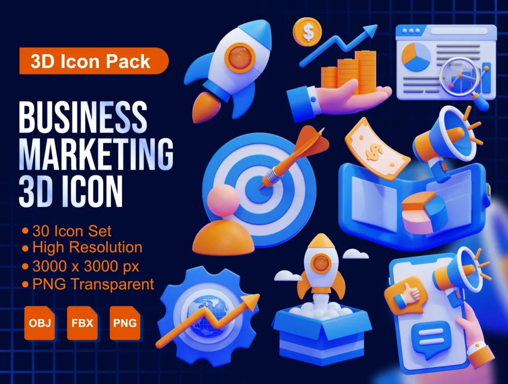 Business Marketing 3D Icons Pack – Premium 3D Assets for UI/UX, SaaS & Startup Design