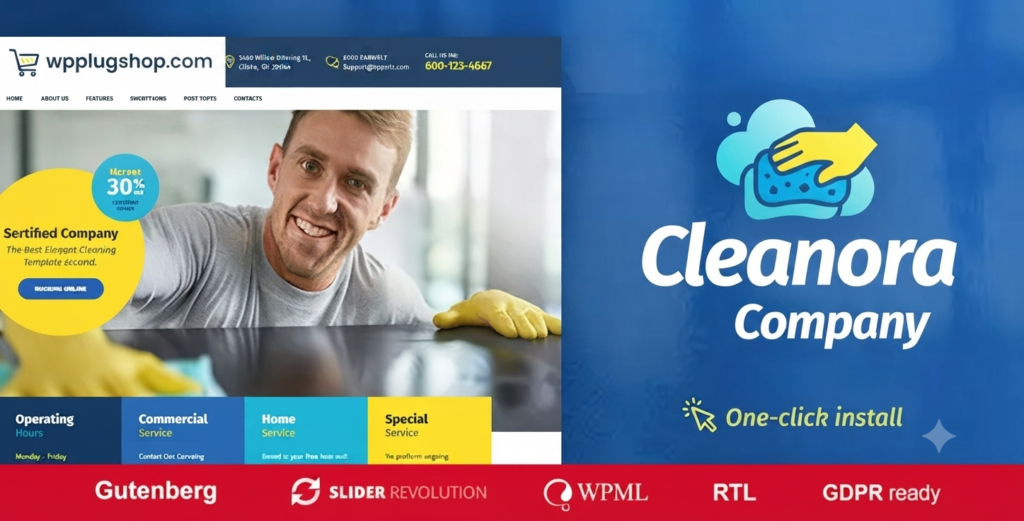 Cleanora Cleaning Services WordPress Theme – Professional Cleaning Company Website Template